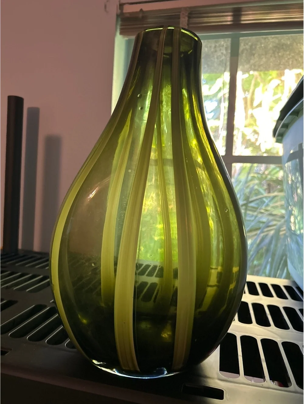 Vintage Green Glass Vase with Cream Striped Design